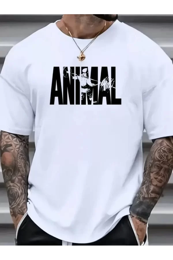 Baskılı Oversize Bisiklet Yaka T-shirt - Beyaz