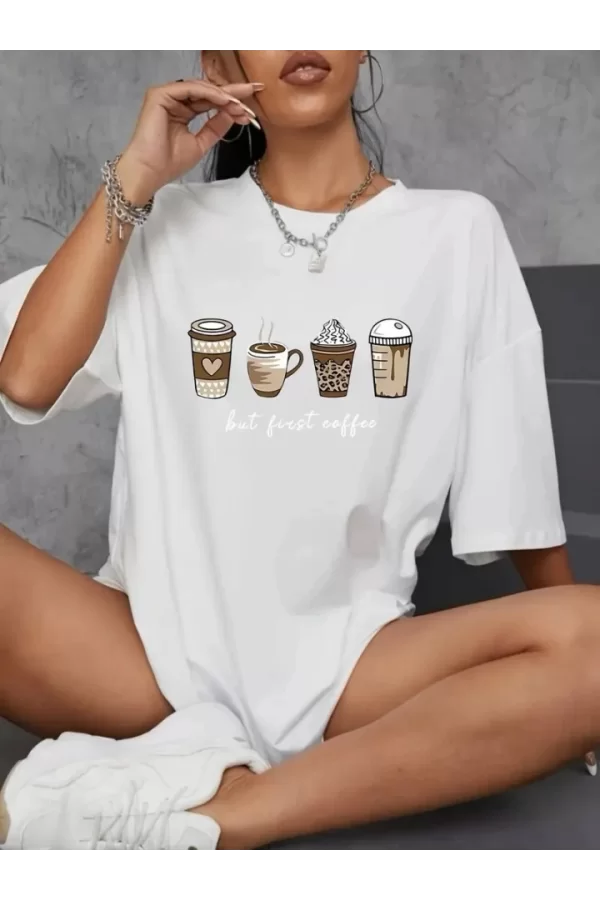 Baskılı Oversize Bisiklet Yaka T-shirt - Beyaz
