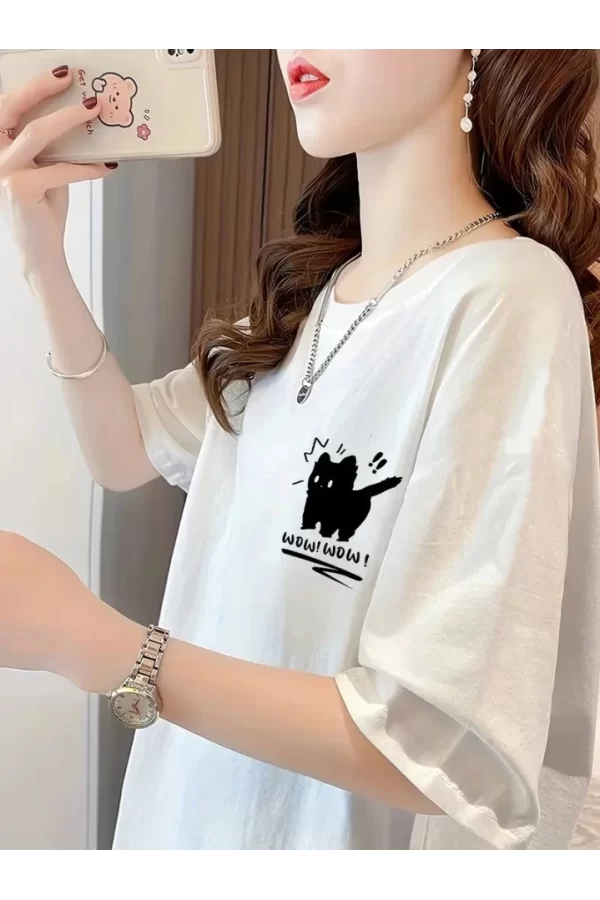 Baskılı Oversize Bisiklet Yaka T-shirt - Beyaz