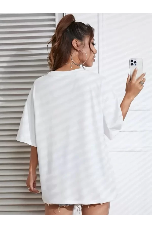 Baskılı Oversize Bisiklet Yaka T-shirt - Beyaz
