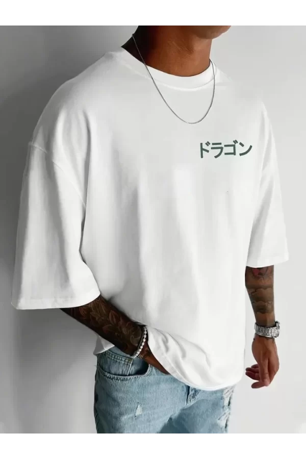 Baskılı Oversize Bisiklet Yaka T-shirt - Beyaz