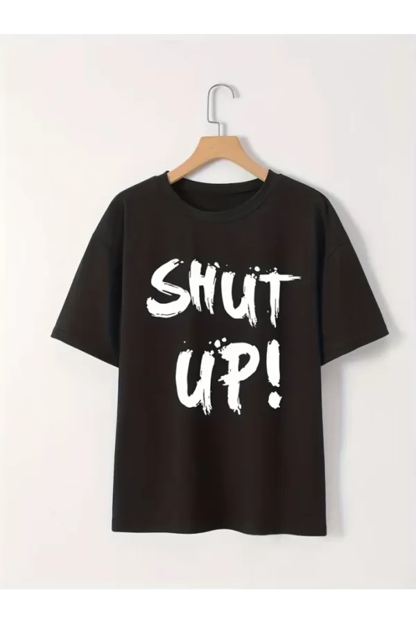 Baskılı Oversize Bisiklet Yaka T-shirt - Siyah