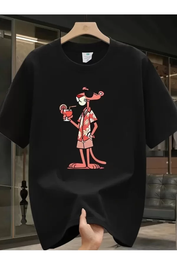 Baskılı Oversize Bisiklet Yaka T-shirt - Siyah