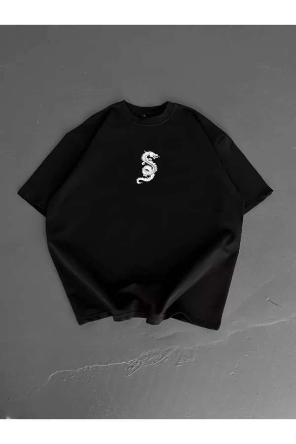 Baskılı Oversize Bisiklet Yaka T-shirt - Siyah