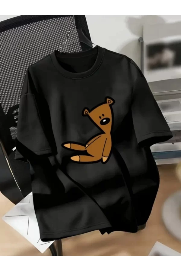 Baskılı Oversize Bisiklet Yaka T-shirt - Siyah