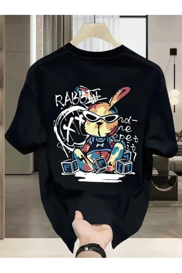 Baskılı Oversize Bisiklet Yaka T-shirt - Siyah