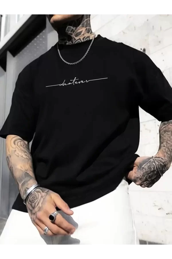 Baskılı Oversize Bisiklet Yaka T-shirt - Siyah