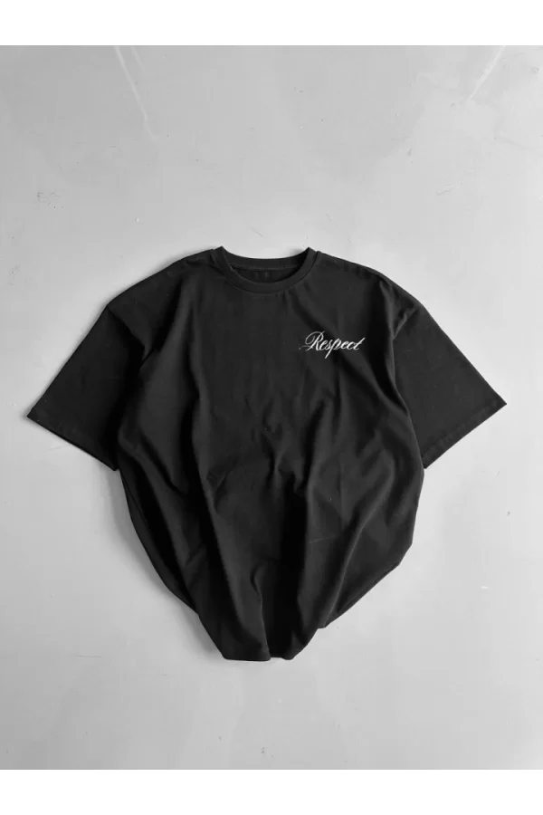 Baskılı Oversize Bisiklet Yaka T-shirt - Siyah