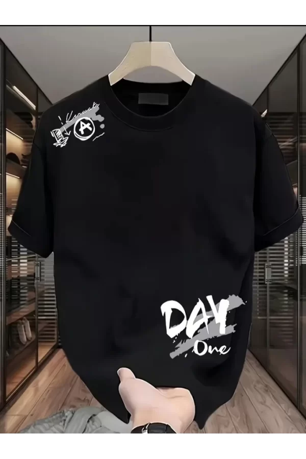 Baskılı Oversize Bisiklet Yaka T-shirt - Siyah