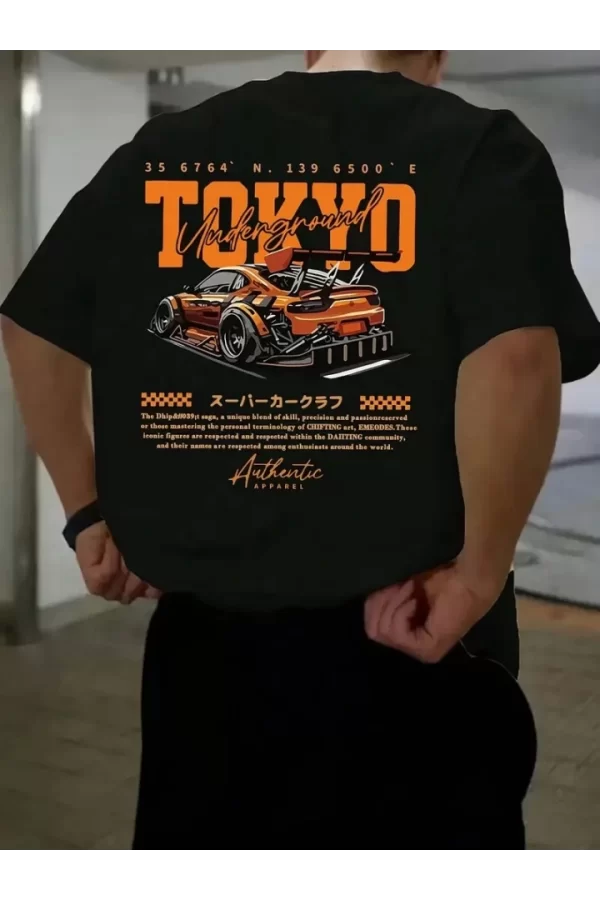 Baskılı Oversize Bisiklet Yaka T-shirt - Siyah