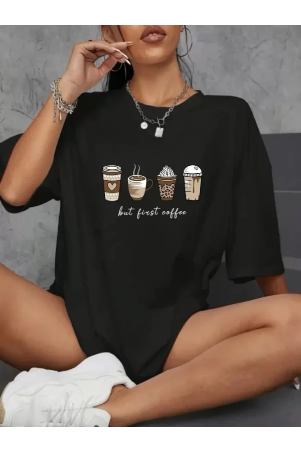 Baskılı Oversize Bisiklet Yaka T-shirt - Siyah