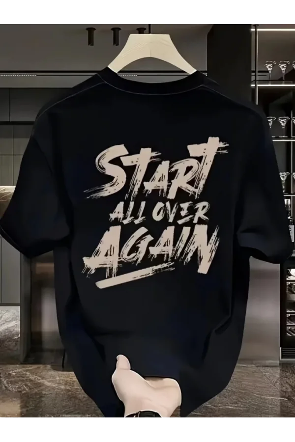 Baskılı Oversize Bisiklet Yaka T-shirt - Siyah