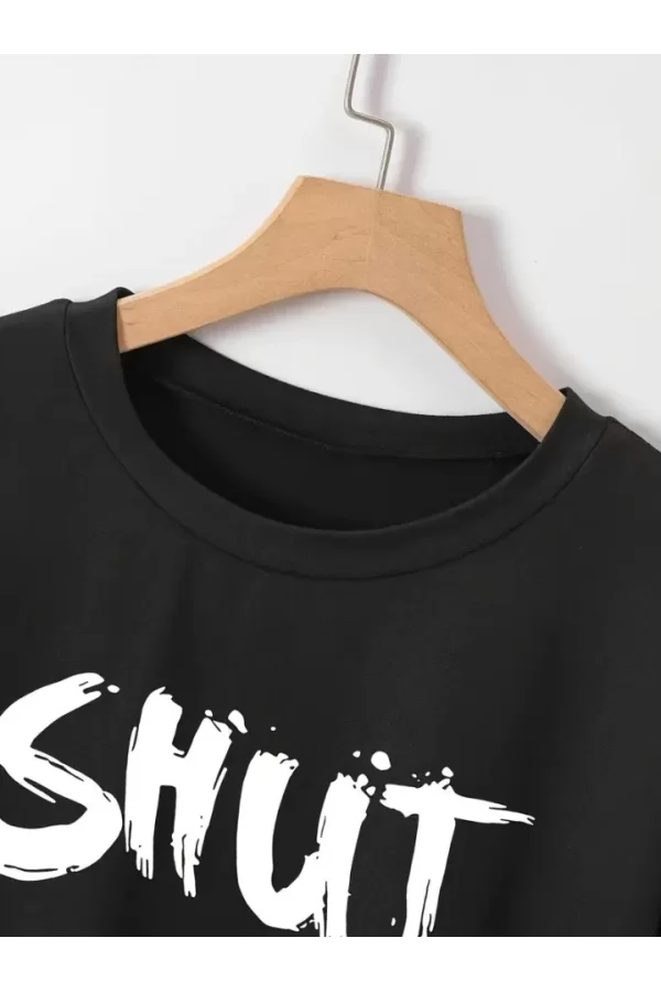 Baskılı Oversize Bisiklet Yaka T-shirt - Siyah