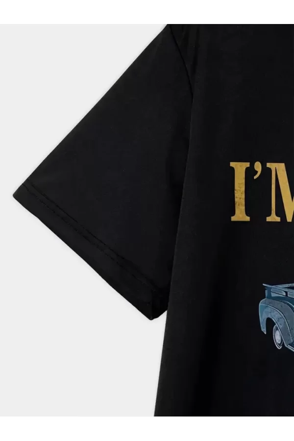 Baskılı Oversize Bisiklet Yaka T-shirt - Siyah