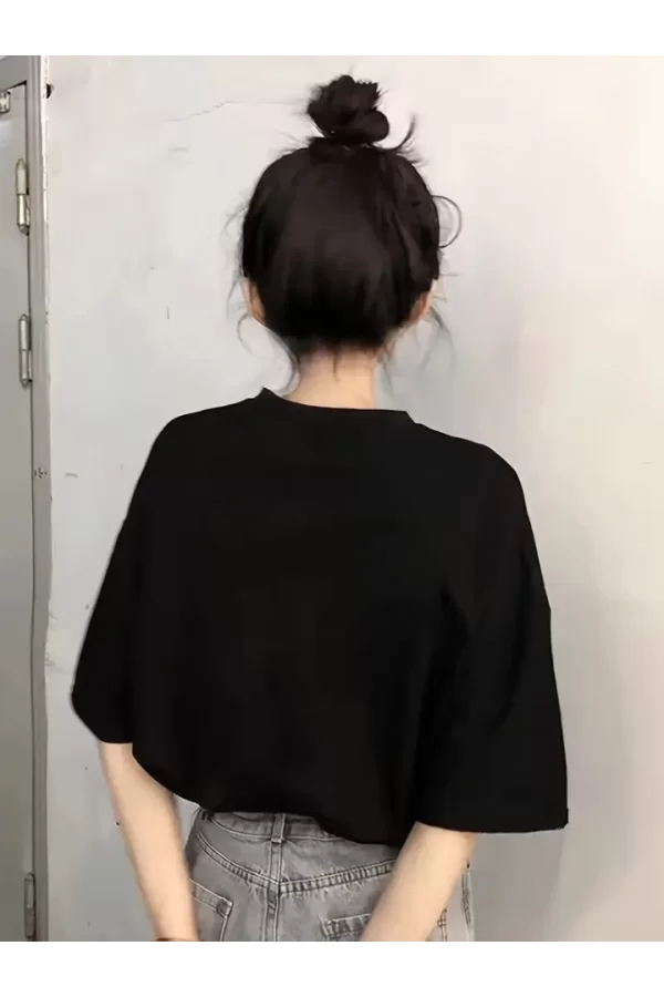 Baskılı Oversize Bisiklet Yaka T-shirt - Siyah