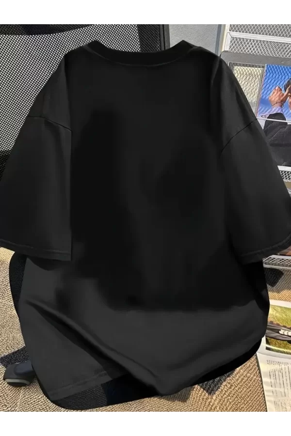 Baskılı Oversize Bisiklet Yaka T-shirt - Siyah