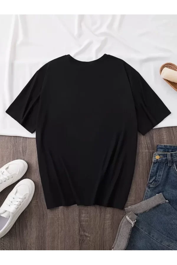 Baskılı Oversize Bisiklet Yaka T-shirt - Siyah