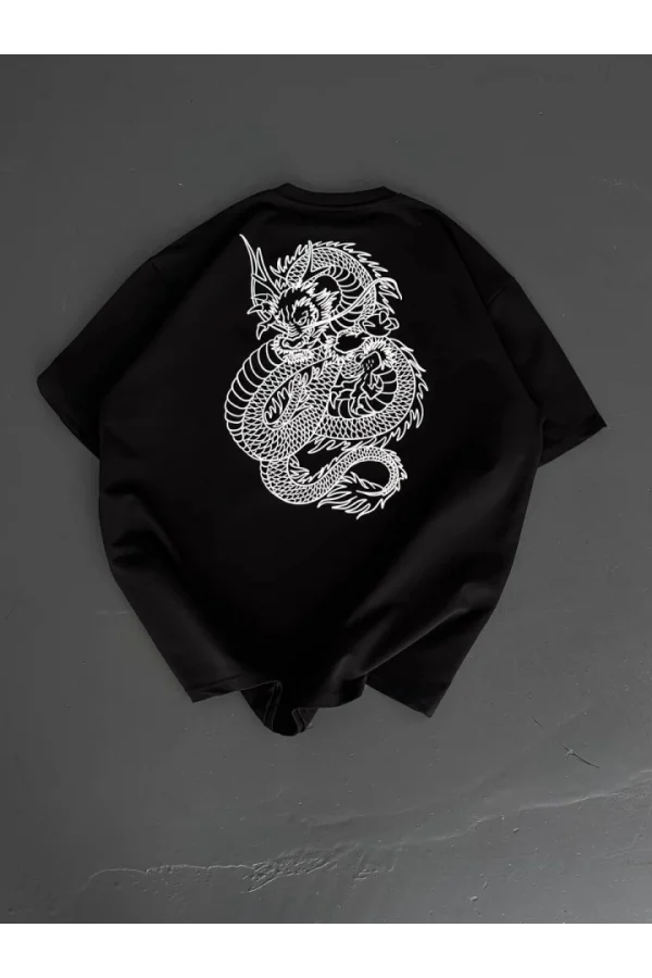 Baskılı Oversize Bisiklet Yaka T-shirt - Siyah