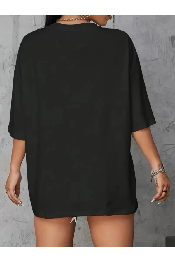 Baskılı Oversize Bisiklet Yaka T-shirt - Siyah