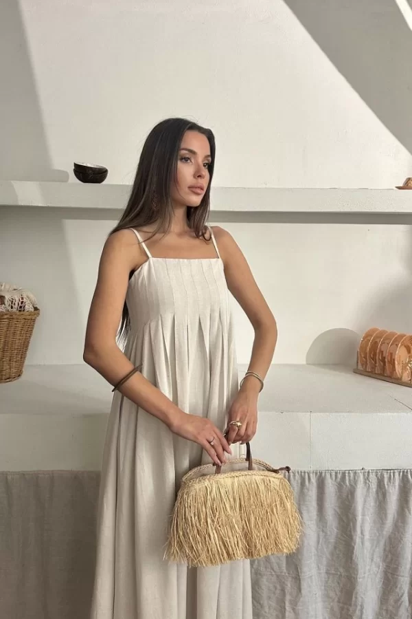 Bej Askılı Pileli Keten Elbise