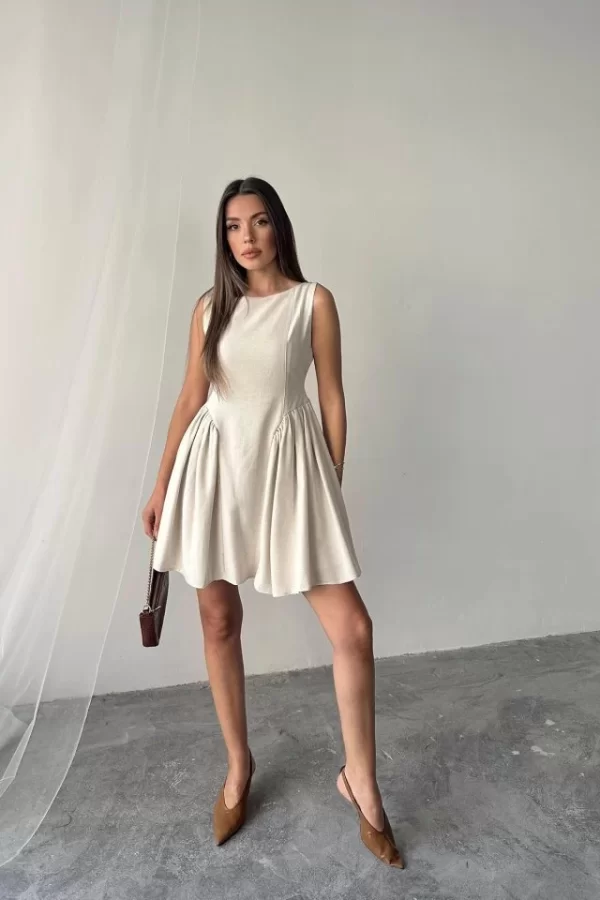 Bej Mini Boy Büzgülü Keten Elbise