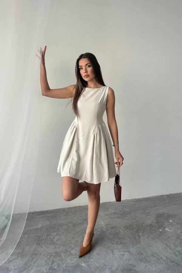 Bej Mini Boy Büzgülü Keten Elbise