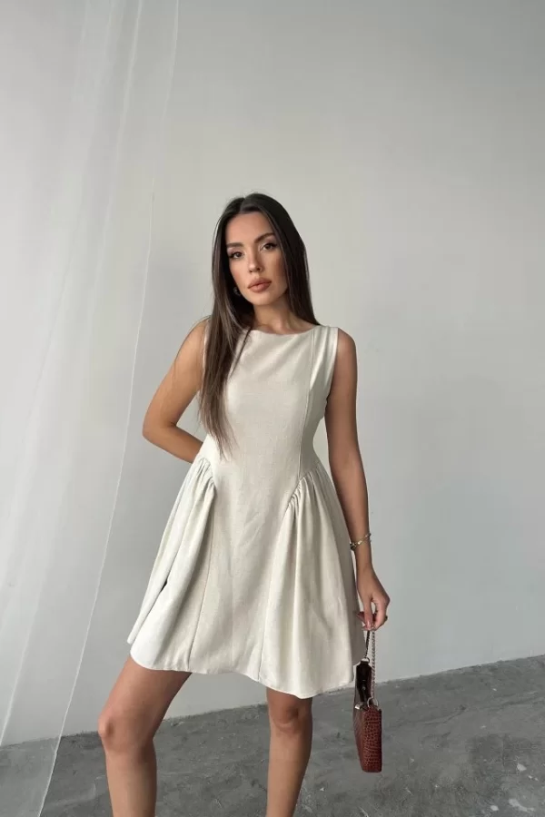 Bej Mini Boy Büzgülü Keten Elbise