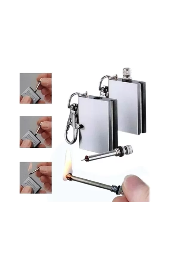 Benzinli Kibrit Çakmak Magnezyum Çubuklu Anahtarlıklı Benzinli Metal Kibrit Gümüş