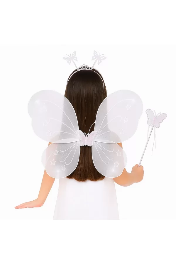 Beyaz Kelebek Kız Seti – 50 Cm Kelebek Kanadı, Taç Ve Asa