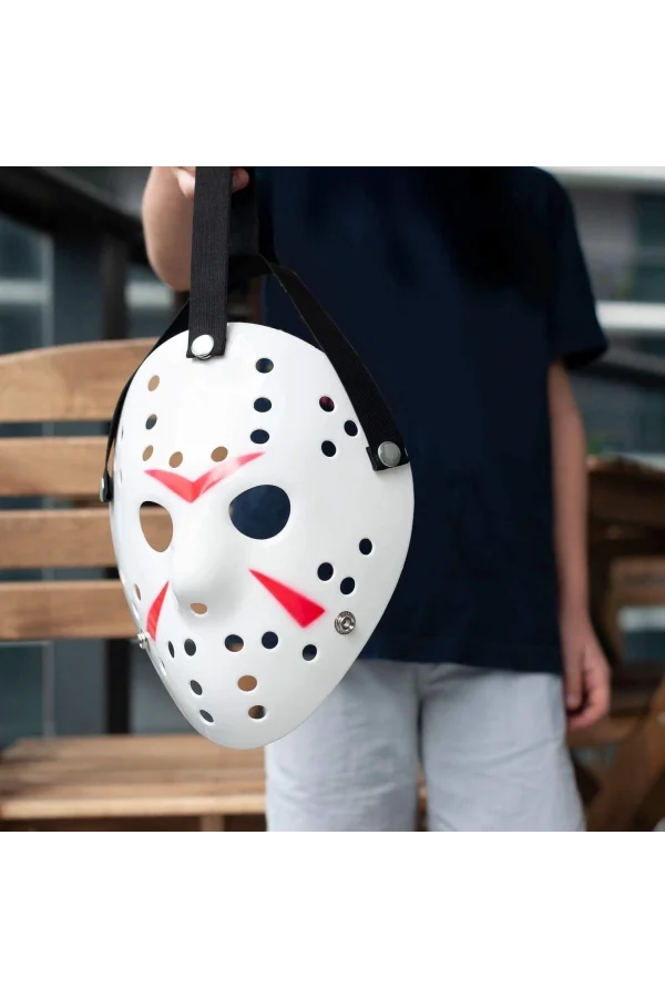 Beyaz Renk Kırmızı Çizgili Tam Yüz Hokey Jason Maskesi Hannibal Maskesi