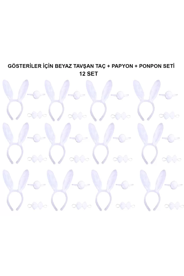 Beyaz Tavşan Kostüm Seti – Taç, Papyon, Kuyruk (12’li Paket)