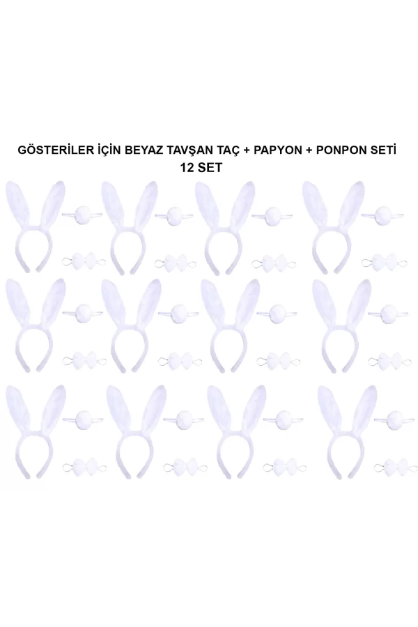 Beyaz Tavşan Kostüm Seti – Taç, Papyon, Kuyruk (12’li Paket)