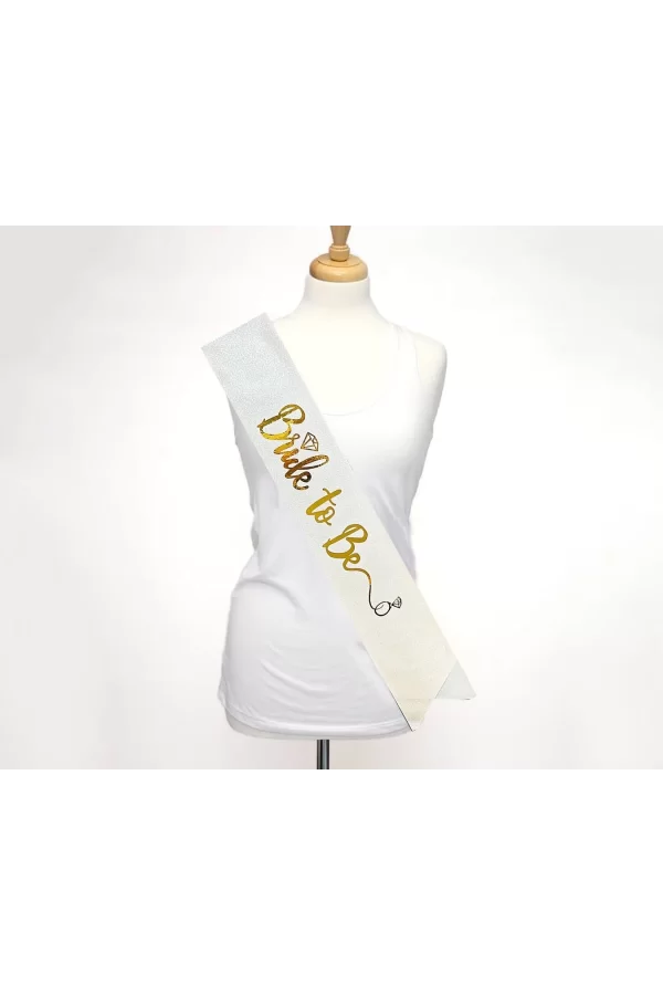 Beyaz Üzeri Altın İtalik Alyanslı Bride To Be Yazılı Simli Işıltılı Kuşak Kemer 10 Cm Genişlik