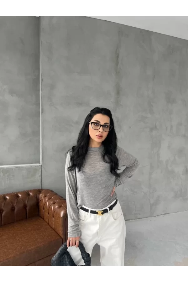 Bisiklet Yaka Uzun Kollu Crop - Gri