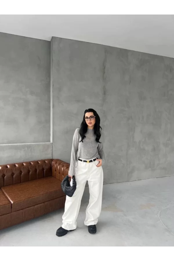 Bisiklet Yaka Uzun Kollu Crop - Gri