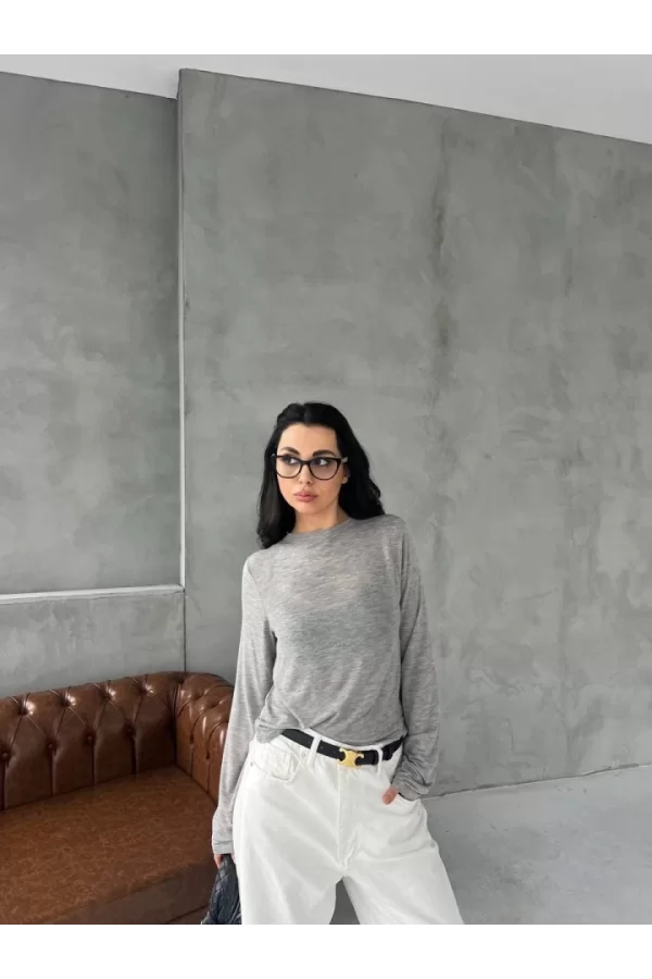 Bisiklet Yaka Uzun Kollu Crop - Gri