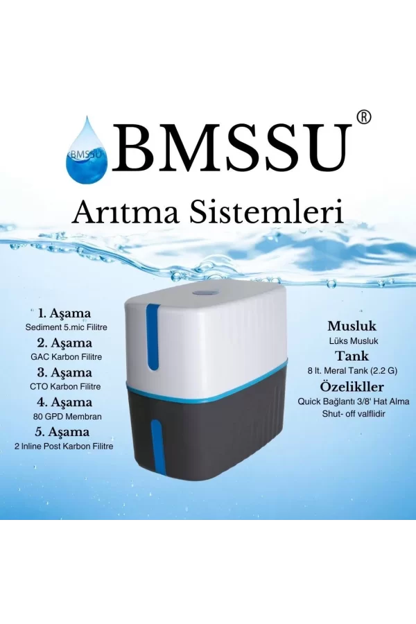 Luz&Pos Bms Su Arıtma 5 Aşamalı 8 Lt Çelik Tanklı Pompasız Multi Mineralli Su Arıtma Cihazı Premium Seri