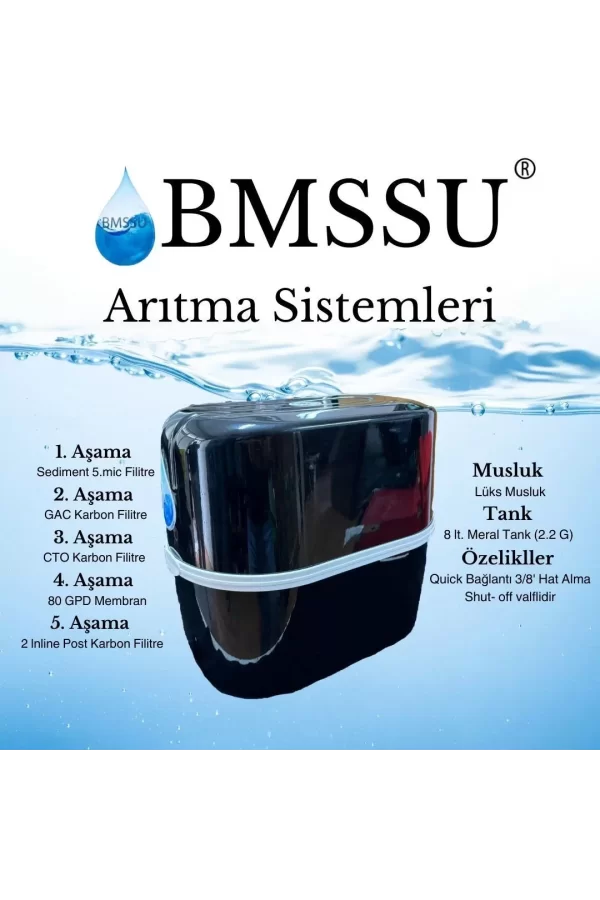 Luz&Pos Bms Su Arıtma 5 Aşamalı 8 Lt Çelik Tanklı Pompasız Multi Mineralli Su Arıtma Cihazı Premium Seri