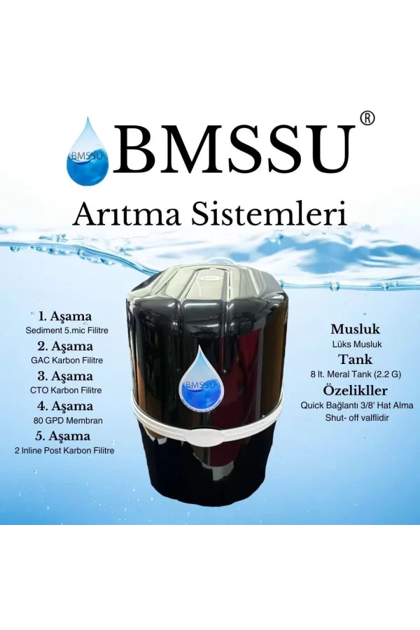 Luz&Pos Bms Su Arıtma 5 Aşamalı 8 Lt Çelik Tanklı Pompasız Multi Mineralli Su Arıtma Cihazı Premium Seri