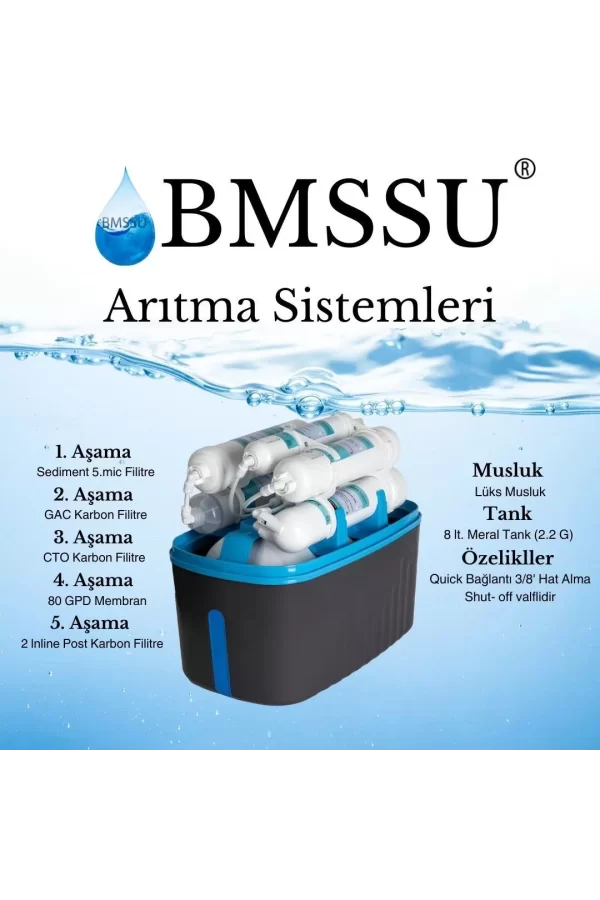 Luz&Pos Bms Su Arıtma 5 Aşamalı 8 Lt Çelik Tanklı Pompasız Multi Mineralli Su Arıtma Cihazı Premium Seri
