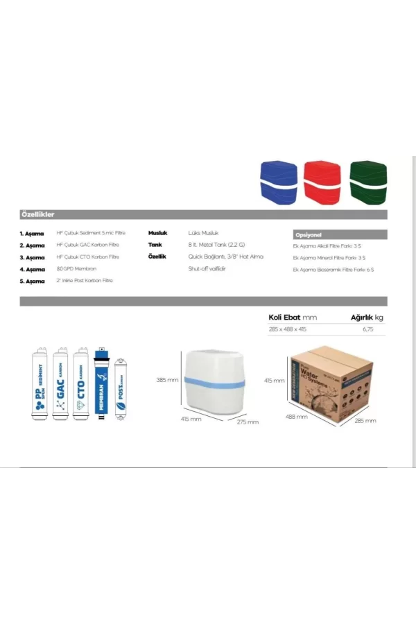 Luz&Pos Bms Su Arıtma 5 Aşamalı 8 Lt Çelik Tanklı Pompasız Multi Mineralli Su Arıtma Cihazı Premium Seri