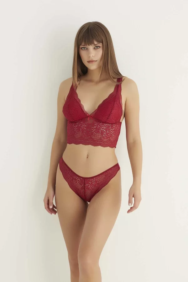 Bordo Destekli V Yaka Dantelli Büstiyer Takımı 5567