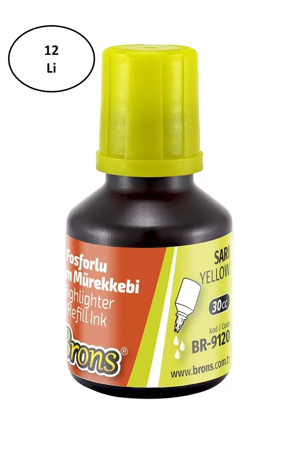 Brons Sarı Fosforlu Kalem Mürekkebi 30 ml Sarı 12li