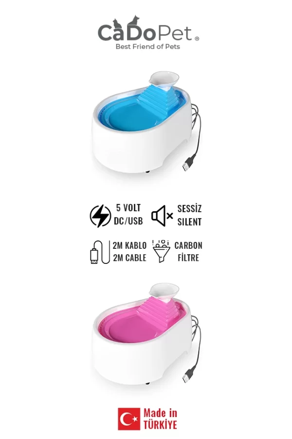 Cado Pet Kedi Köpek Su Pınarı Şelale 2 Litre - 5 volt ( usb'li ) Pembe