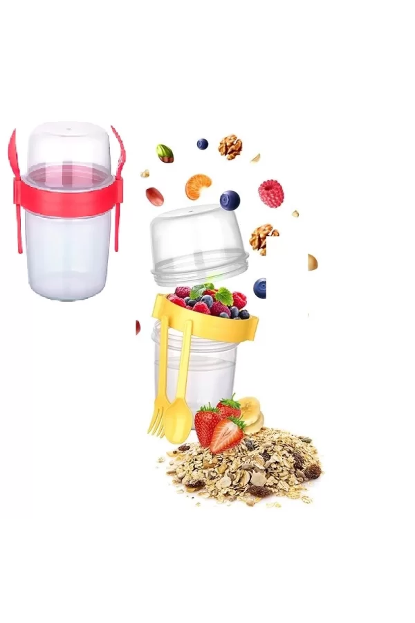 Çift Hazneli - Çatal Kaşıklı Portatif Müsli -atıştırmalık Kabı 800 Ml