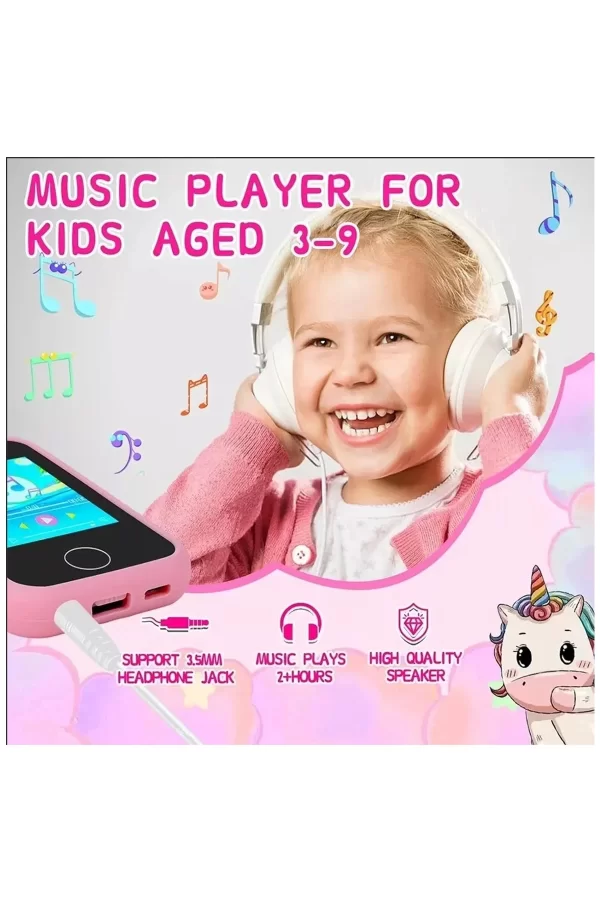 Çocuklar İçin Eğitici Telefon Dokunmatik Ekran Çift Kameralı Fenerli Müzik Çalar Oyun Video Pembe