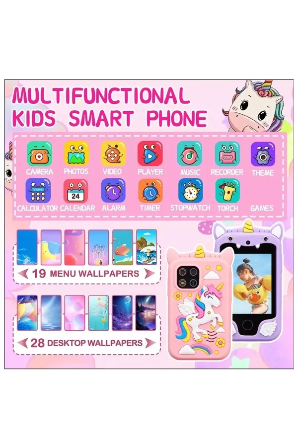 Çocuklar İçin Eğitici Telefon Dokunmatik Ekran Çift Kameralı Fenerli Müzik Çalar Oyun Video Pembe
