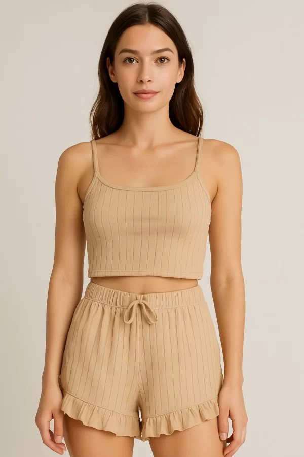 Crop Takım - Askılı Crop Takım Likralı Bej (s)