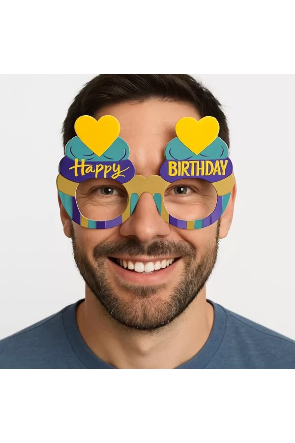 Cupcake Temalı Doğum Günü Renkli Karton Happy Birthday Gözlüğü 6 Adet