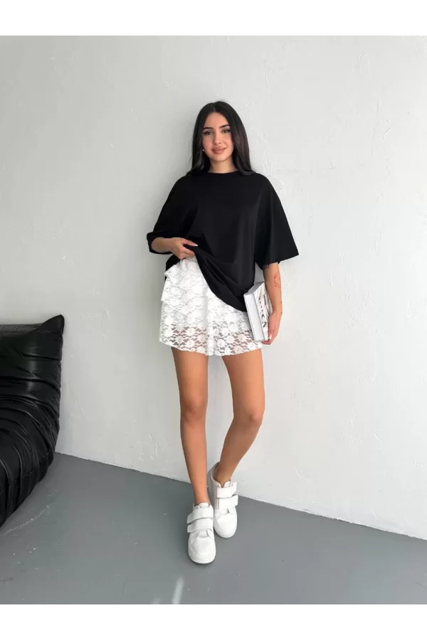 Luz&Pos Dantel Beli Lastikli Şortlu Mini Etek - Beyaz